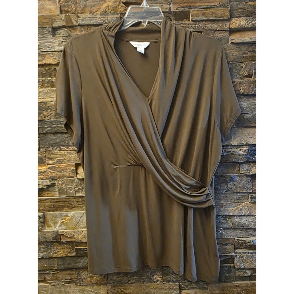 Liz‎ Claiborne Womens 1X Olive Brown Faux Wrap Draped Short Sleeve V-Neck Top